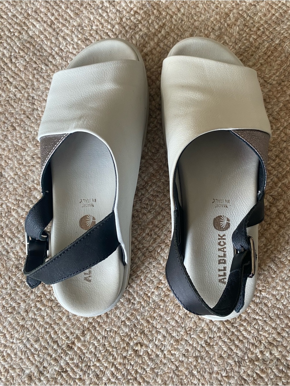 All Black Cream Slide Sandals with Black Adjustable Back Strap and Silver Accent